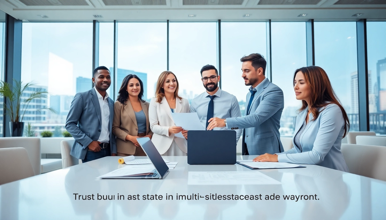 Illustration of professionals engaging in multi-state title and escrow services transaction in modern office.