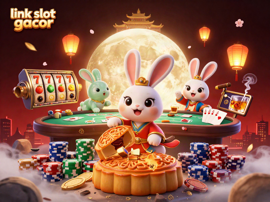 Permainan link slot gacor dengan kelinci bulan yang memukul bola poker pada latar bulan, menciptakan suasana ceria.