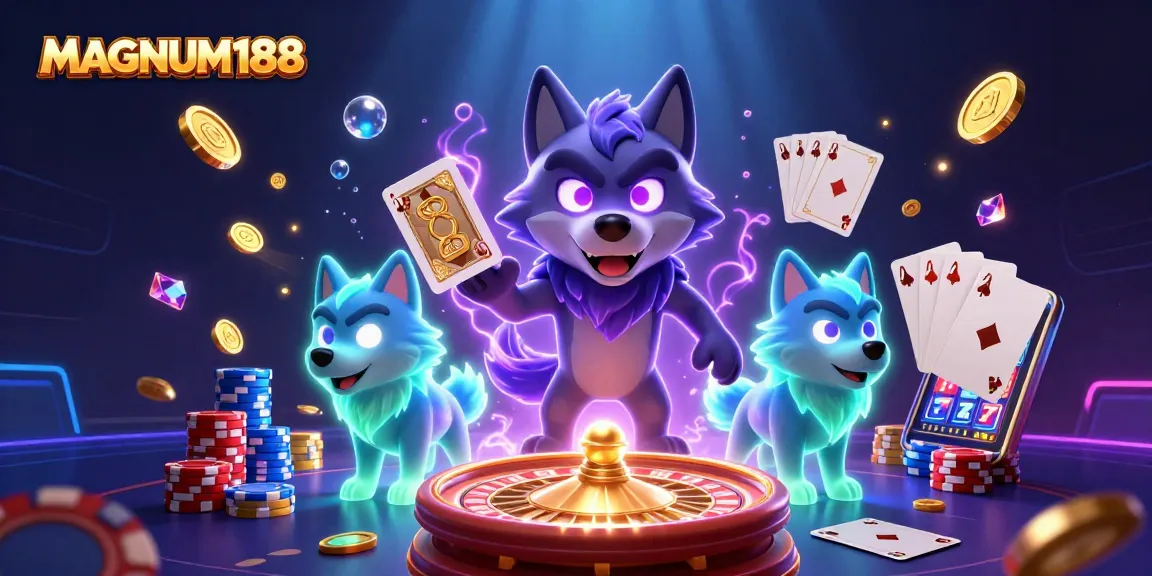 Engage in thrilling games at MAGNUM188 while surrounded by vivid casino elements and captivating characters.