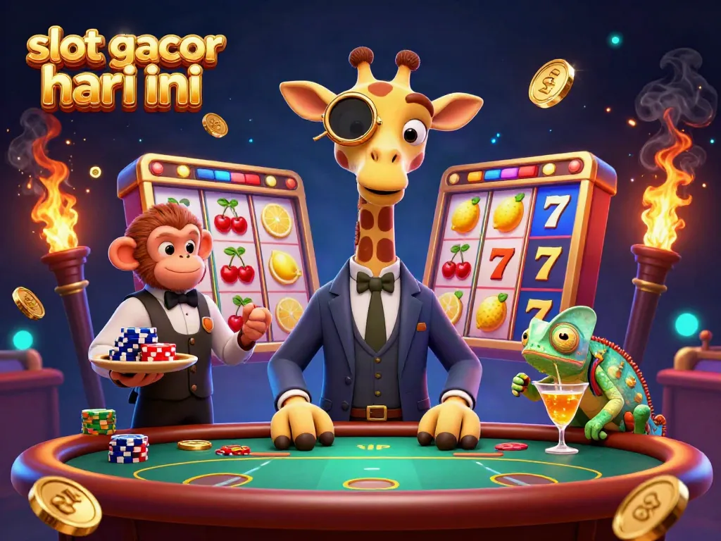 Engage with slot gacor hari ini featuring a high-roller giraffe in a casino scene surrounded by vibrant slot reels.
