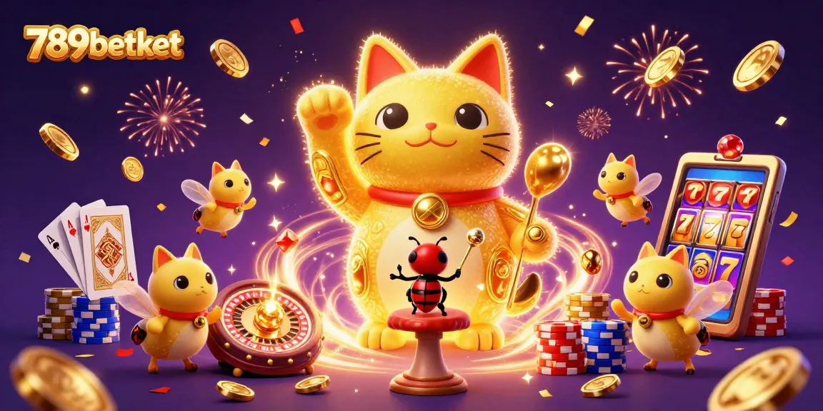Experience thrilling casino fun at 789betket with a golden lucky cat and dazzling game symbols.