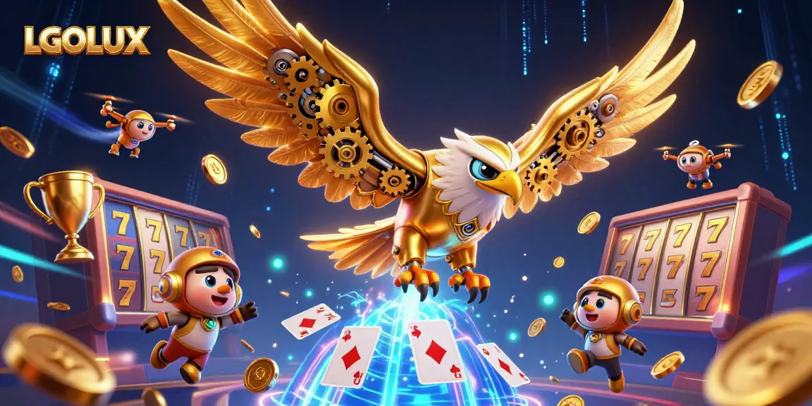Spin and win with LGOLUX as a golden eagle dives through holographic slot elements for big jackpots.