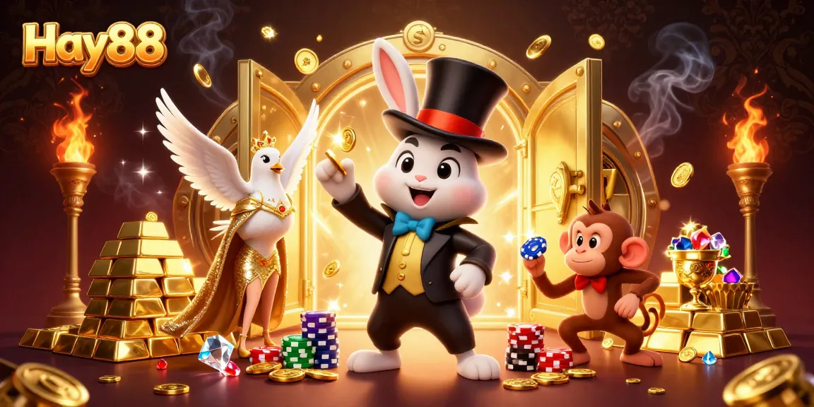 Experience the excitement of Hay88 with a magician rabbit pulling golden coins in a vibrant casino scene.
