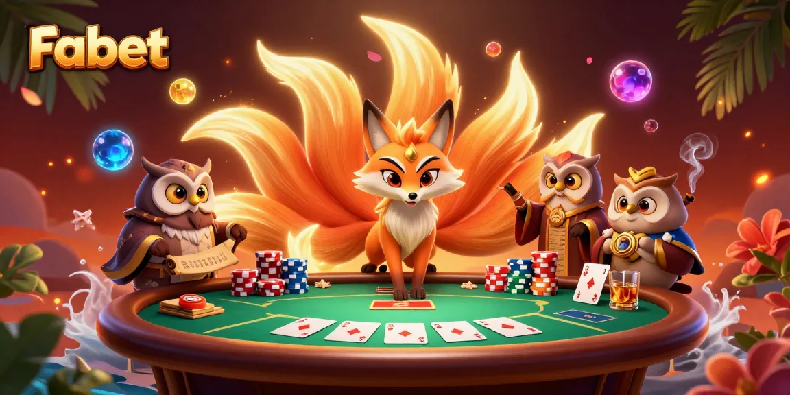 Fabet showcases vibrant poker action with a nine-tailed fox spirit and wise owl sage amidst colorful chips.