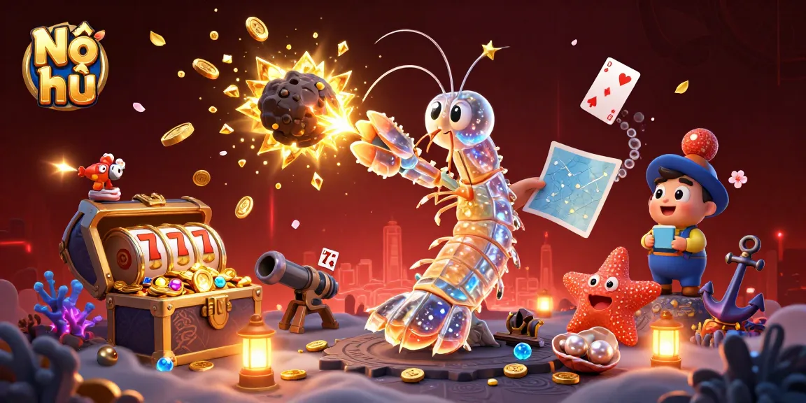 Nổ hũ shines with vibrant elements as a mantis shrimp reveals hidden treasures in this exciting slots illustration.
