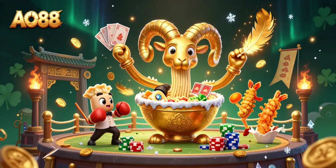 Experience exciting gameplay at AO88 with a lively cartoon scene depicting characters and vibrant casino elements.