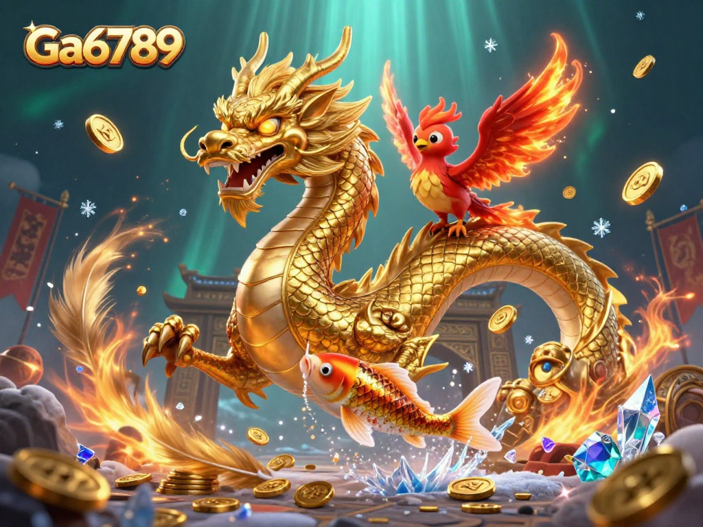 Experience Ga6789's vibrant casino action with a majestic dragon amidst colorful characters.