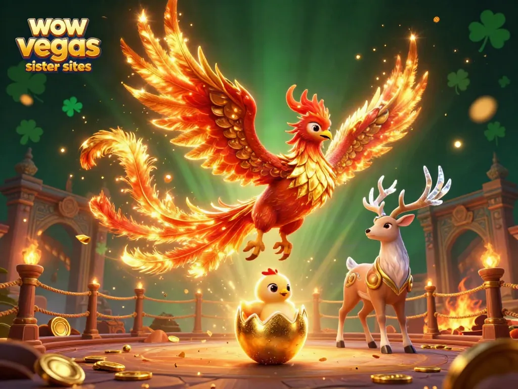 Play thrilling games at wow vegas sister sites, featuring phoenix characters and vibrant casino elements.