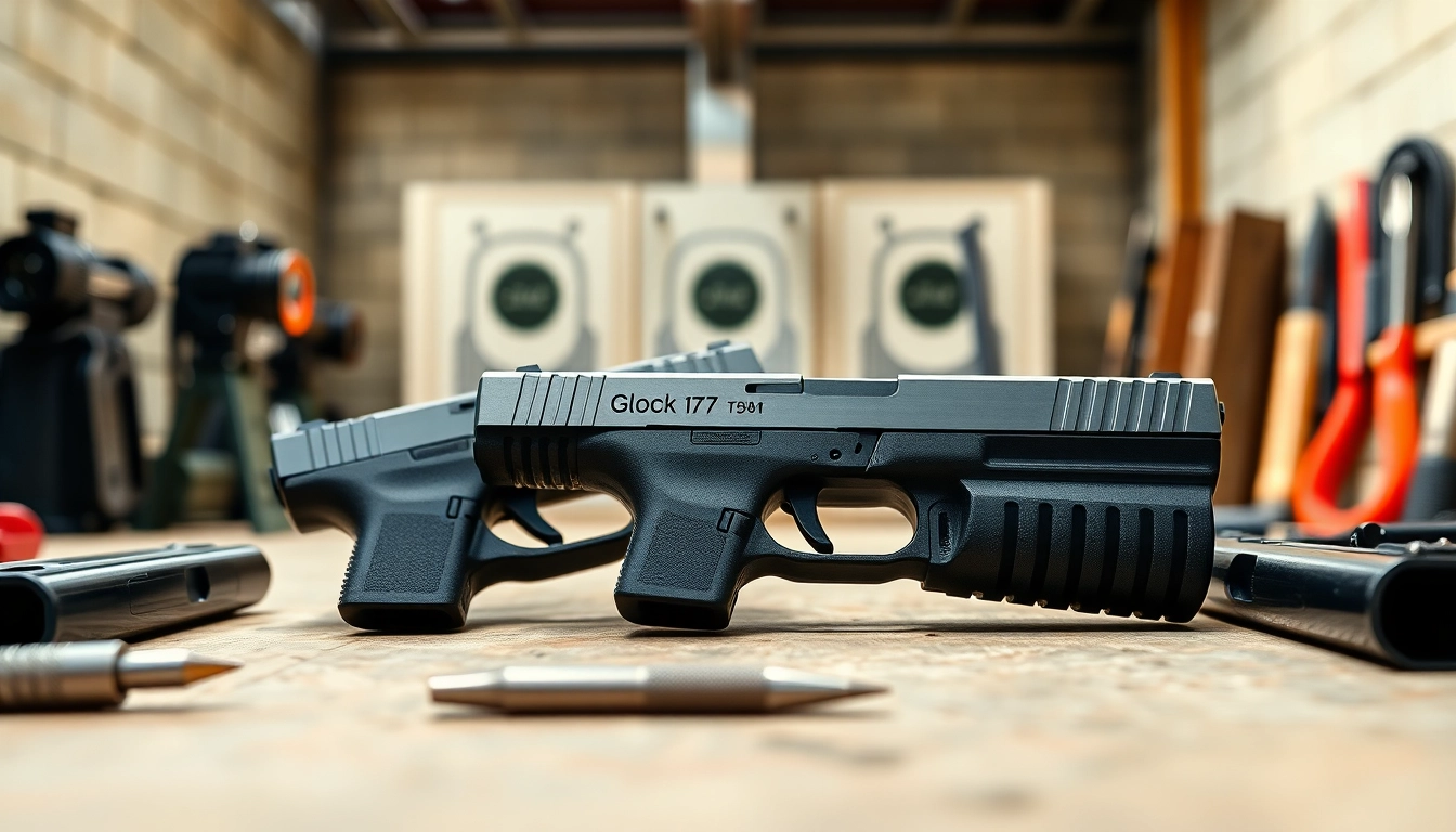 Showcase glock 17 slides with detailed textures and sleek design in a modern setting.