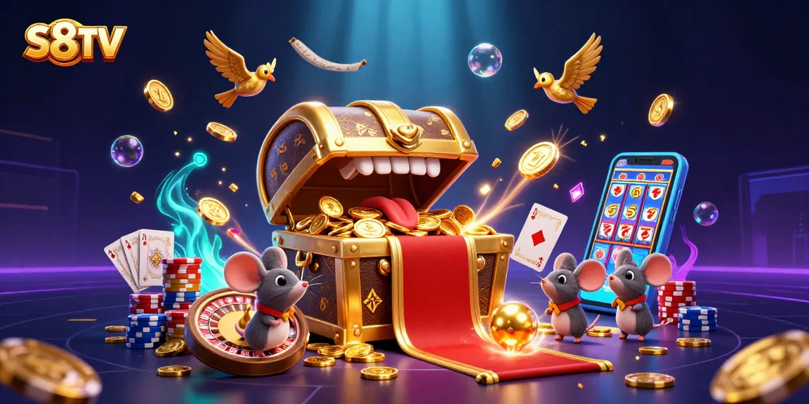 Spin and win at S8TV with vibrant treasures, roulette, and sparkling poker chips all around.