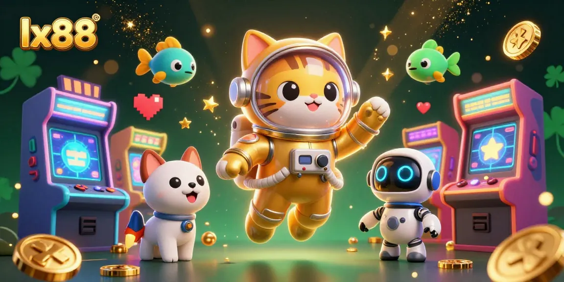 Experience the exciting lx88 casino world with a cosmic scene featuring a golden astronaut cat and vibrant arcade games.