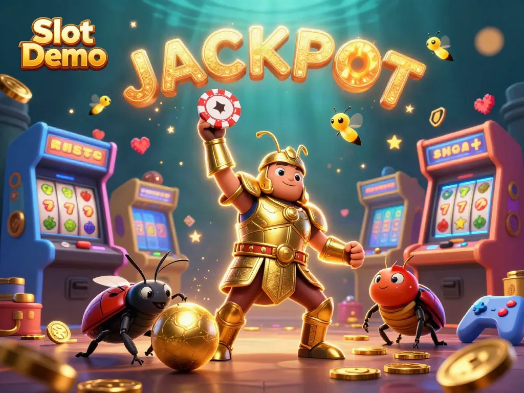 Experience Slot Demo fun with a victorious beetle and vibrant arcade elements!