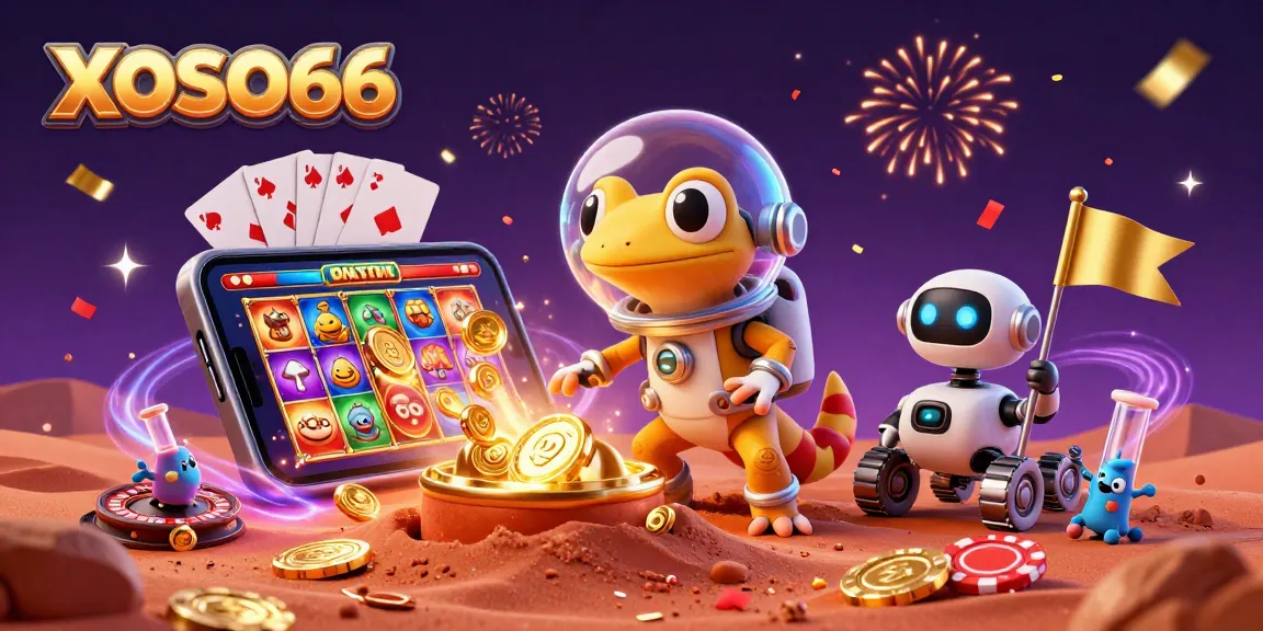 Join the fun at XOSO66 with a Martian gecko exploring a golden casino in a colorful celebration.