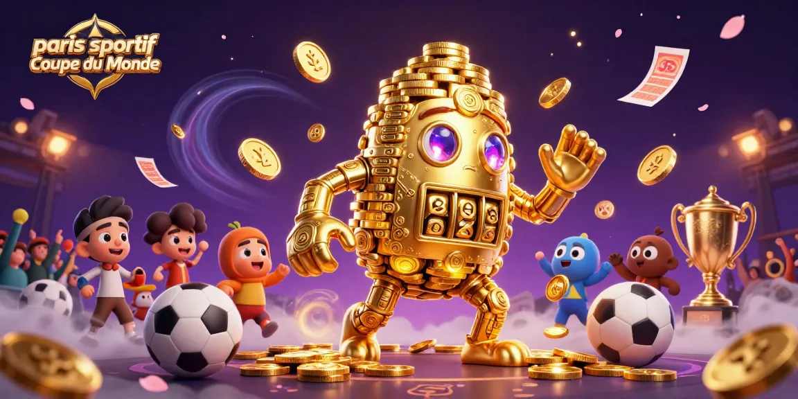 Paris sportif Coupe du Monde : Pariez sur vos équipes préférées avec un golem d'or entouré d'éléments sportifs et de paris
