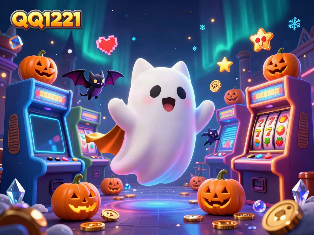 Engage with QQ1221 as a ghost cat and bat explore a vibrant haunted casino scene.