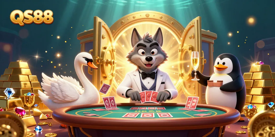 Engage in thrilling gameplay at QS88 with our cartoon characters at the baccarat table surrounded by treasures