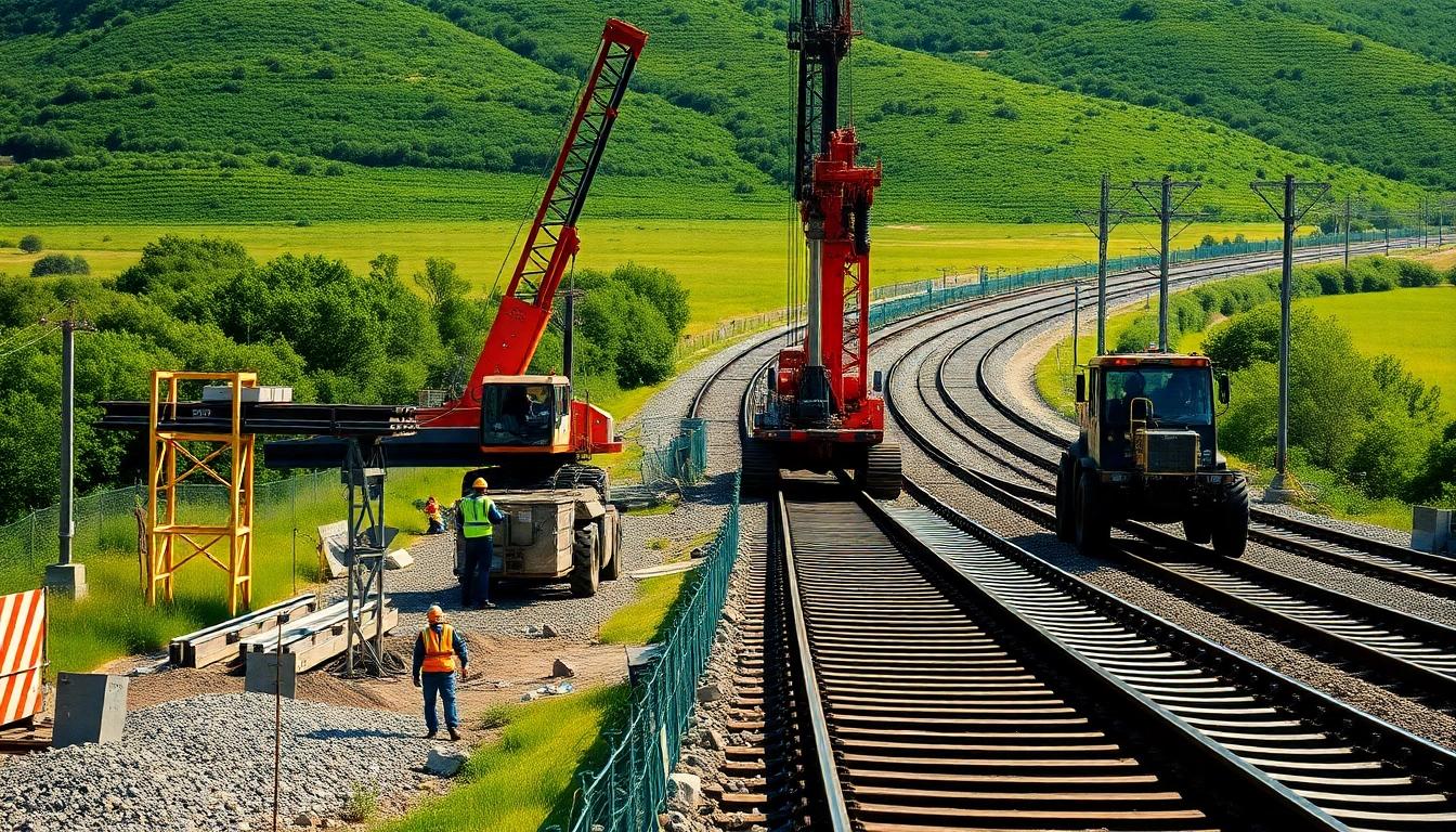 Action-packed railroad construction site with workers laying tracks and operating heavy machinery.