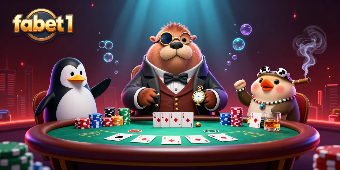 Engage in poker action with fabet1's vibrant underwater scene featuring a joker walrus, a penguin dealer, and a bluffing pufferfish.
