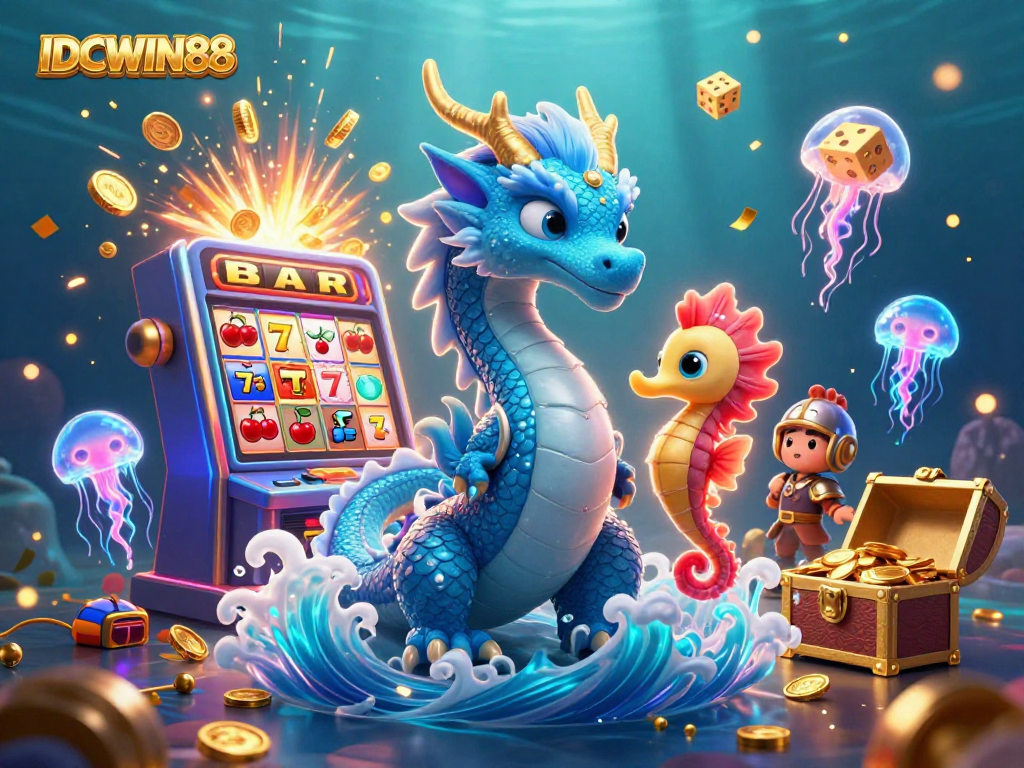 Engage in thrilling gameplay at IDCWIN88 with a vibrant underwater casino scene bursting with energy.