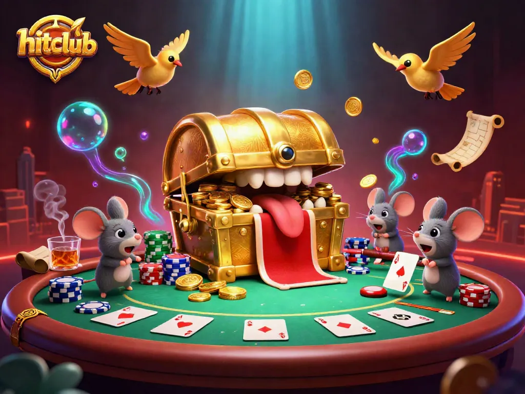 hitclub's treasure chest lures adventurers amidst poker excitement and vibrant casino energy