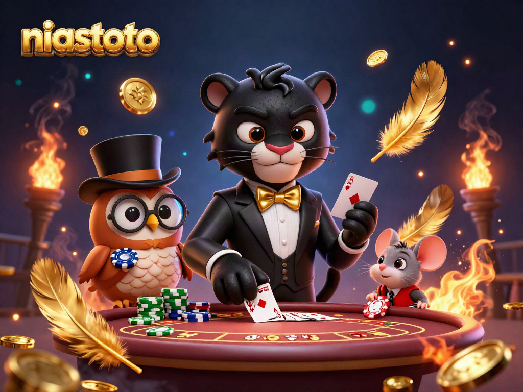 NIASTOTO showcases a stylish black panther dealing cards at a lively poker table with an owl and mouse, enhancing the gaming experience.