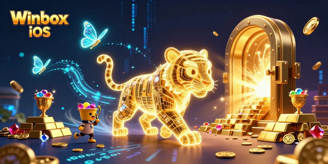 Winbox iOS app download showcases a neon tiger in a digital casino landscape full of treasures.
