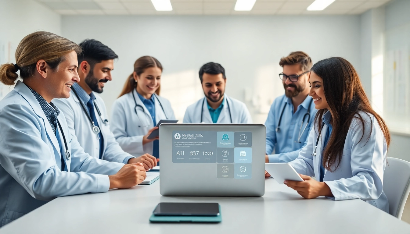 Healthcare professionals engaging with an AI-powered medical second opinion platform in a modern clinic.