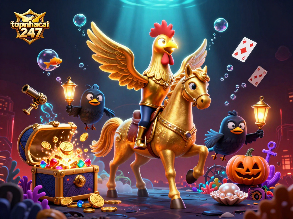 Engage in thrilling coin flip challenges on topnhacai247 with a dynamic casino scene featuring golden rooster and vibrant elements.