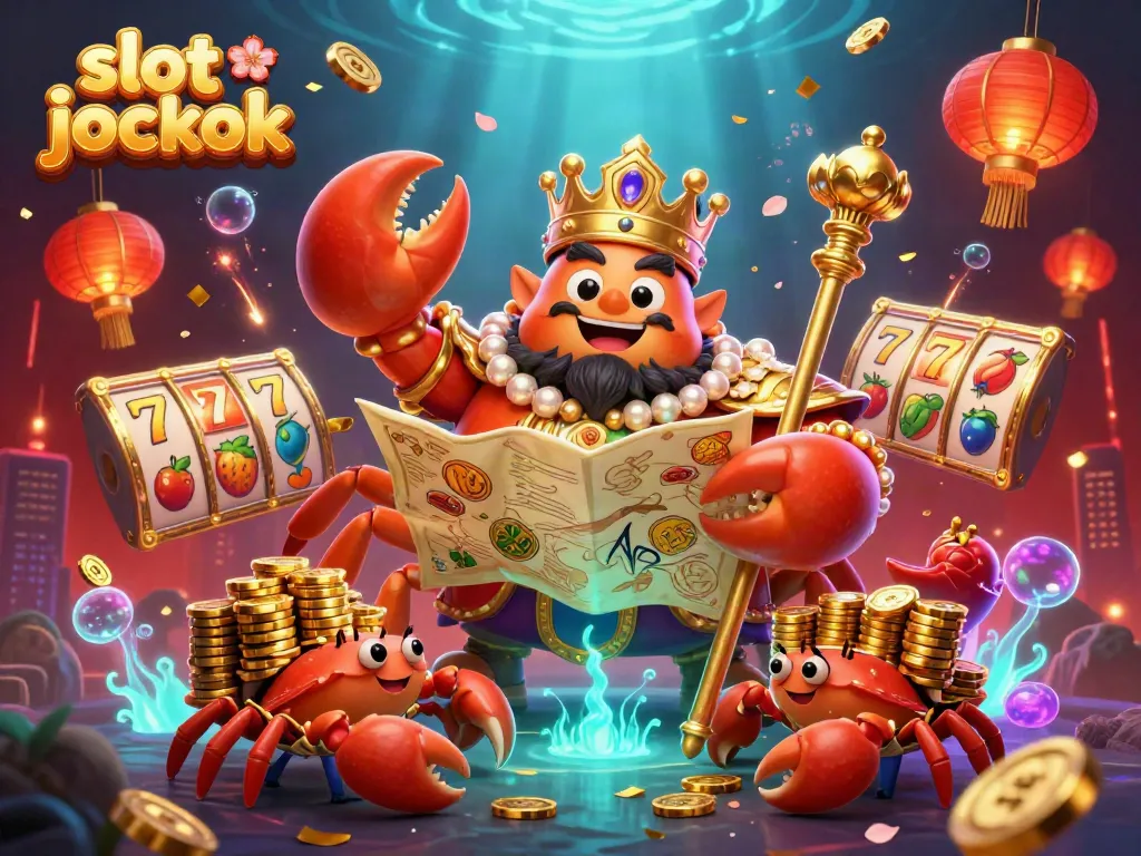 Experience exciting slot jackpot wins with a golden crab emperor surrounded by festive elements.