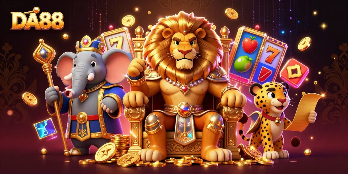 Experience dazzling wins at DA88 with a regal lion king and vibrant slot reels surrounded by luxury.