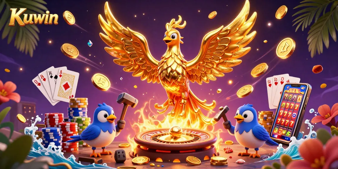 Kuwin offers thrilling gaming experiences with molten golden phoenix, vibrant casino elements, and colorful poker chips.