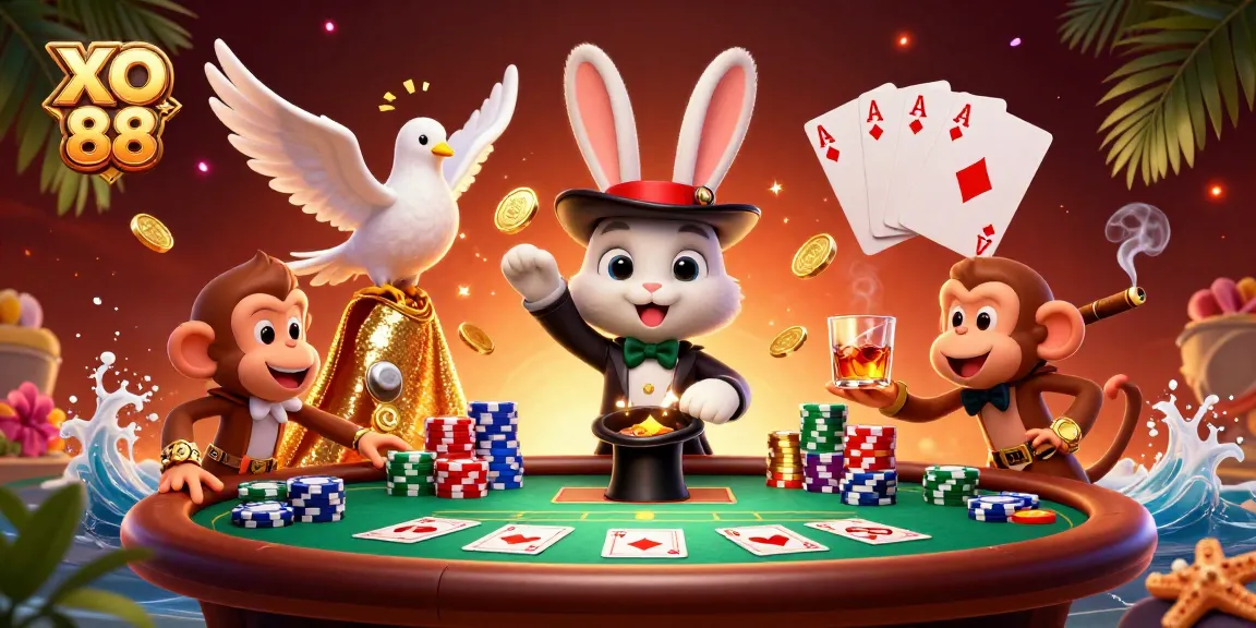 Experience the magic of XO 88 as the rabbit reveals golden coins amidst poker excitement.