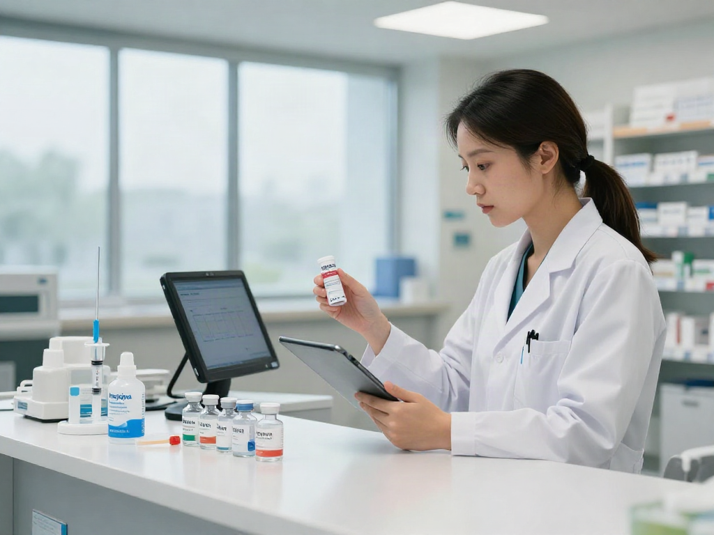 Pharmacist inspecting Hospira Bac Water vials in a modern pharmacy setting.