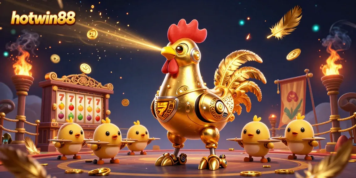 Play exciting slots at hotwin88 featuring vibrant golden rooster robot and dynamic slot elements.
