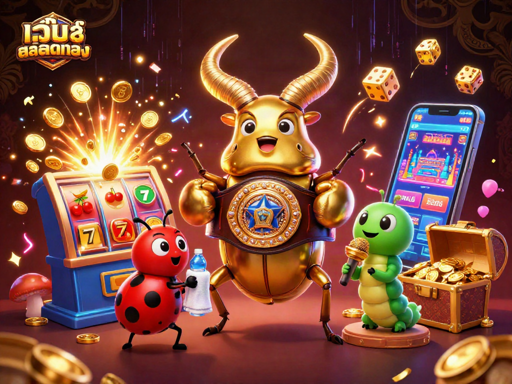 Engage with เว็บสล็อตตรง in this vibrant 3D illustration featuring a golden stag beetle and casino elements.