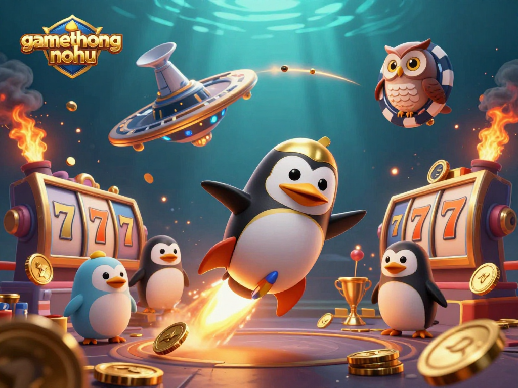 Experience casino thrills with gamethuongnohu's golden penguin and vibrant game elements.