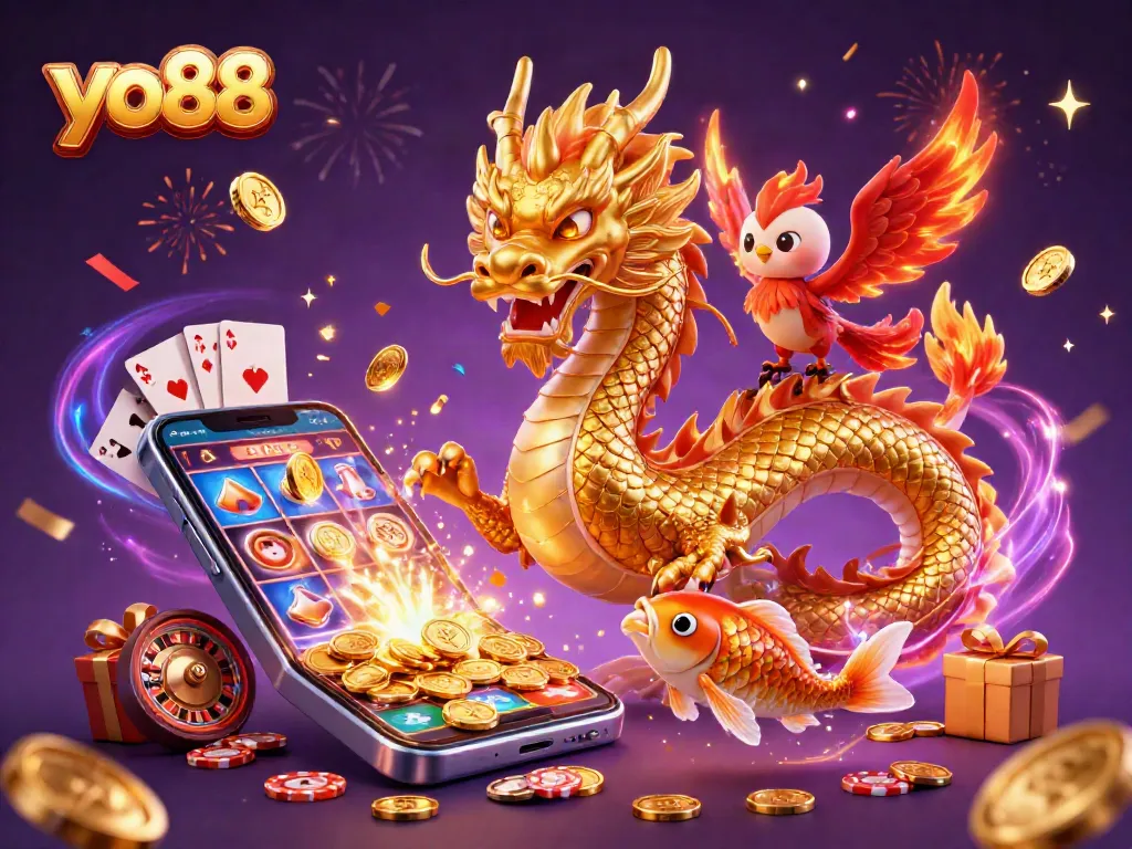 Spin the reels at yo88 with a golden dragon and phoenix amid a shower of coins, showcasing exciting casino elements.
