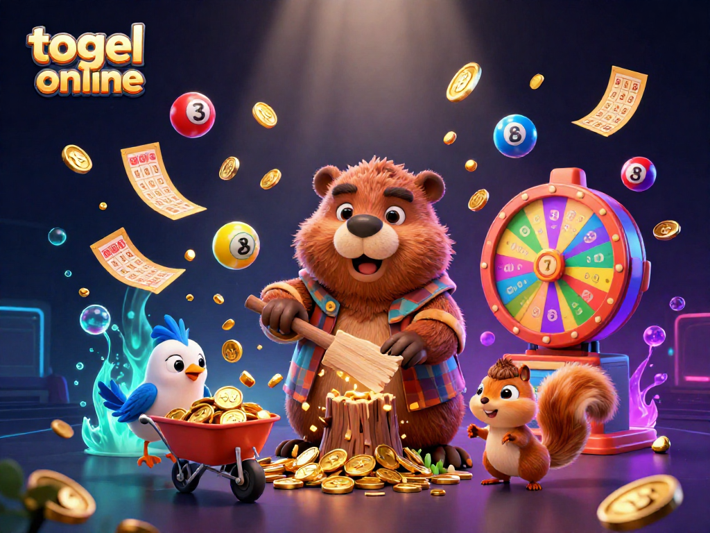 Experience winning moments with togel online illustrated by a vibrant scene of playful characters and lottery elements.