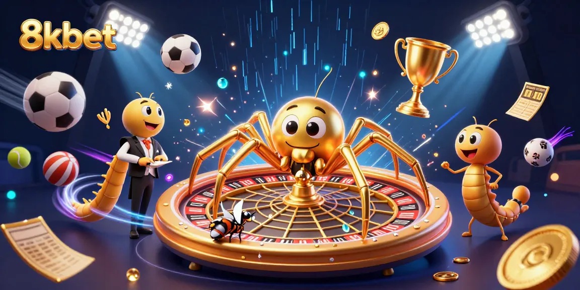 Engage with the vibrant 8kbet scene featuring a golden spider and gaming elements in a casino atmosphere.