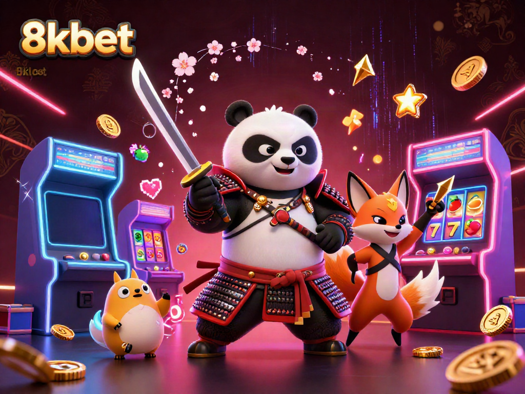 Experience thrilling gameplay at 8xbet with a dynamic scene featuring a samurai panda and gaming elements.