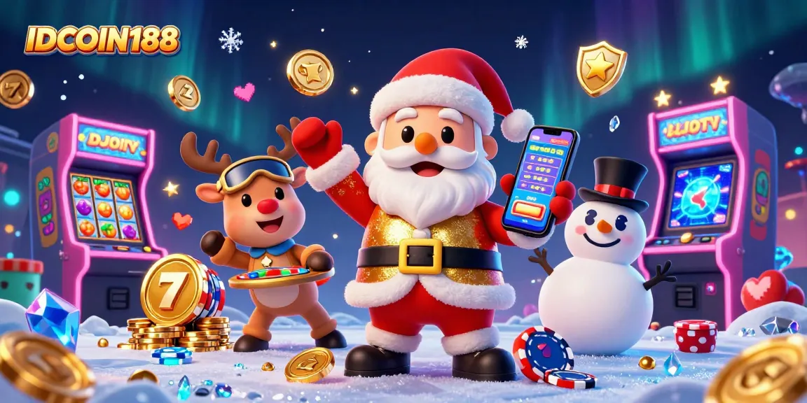 Experience the excitement of IDCOIN188 with Santa, a reindeer dealer, and a poker chip snowman in a vibrant casino scene.