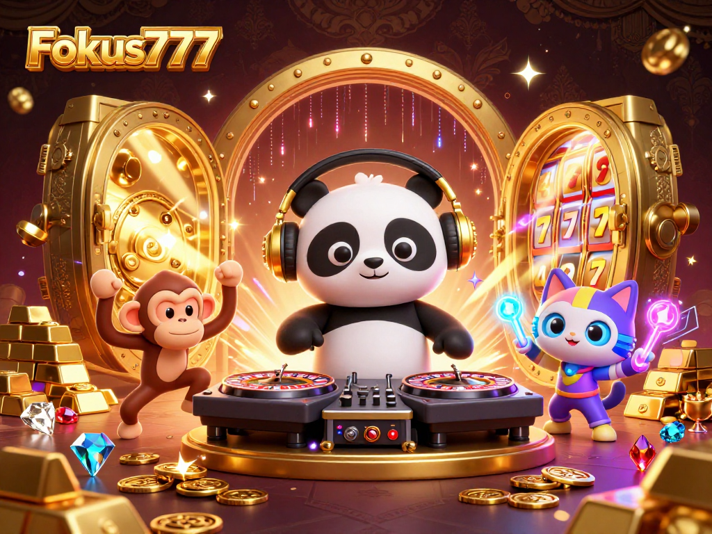 Immerse in the lively Fokus777 casino scene with a DJ panda and festive gambling elements!