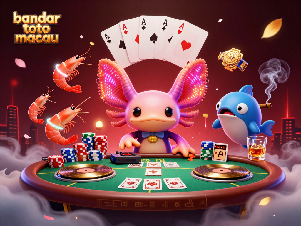 Experience the vibrant energies of bandar toto macau with a lively underwater casino scene featuring a neon axolotl DJ.