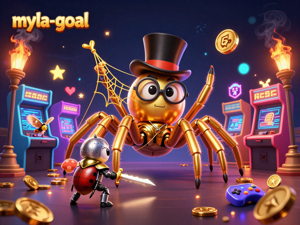 Engage with myla-goal in a vibrant casino scene featuring a golden tarantula, beetle knight, and arcade machines.