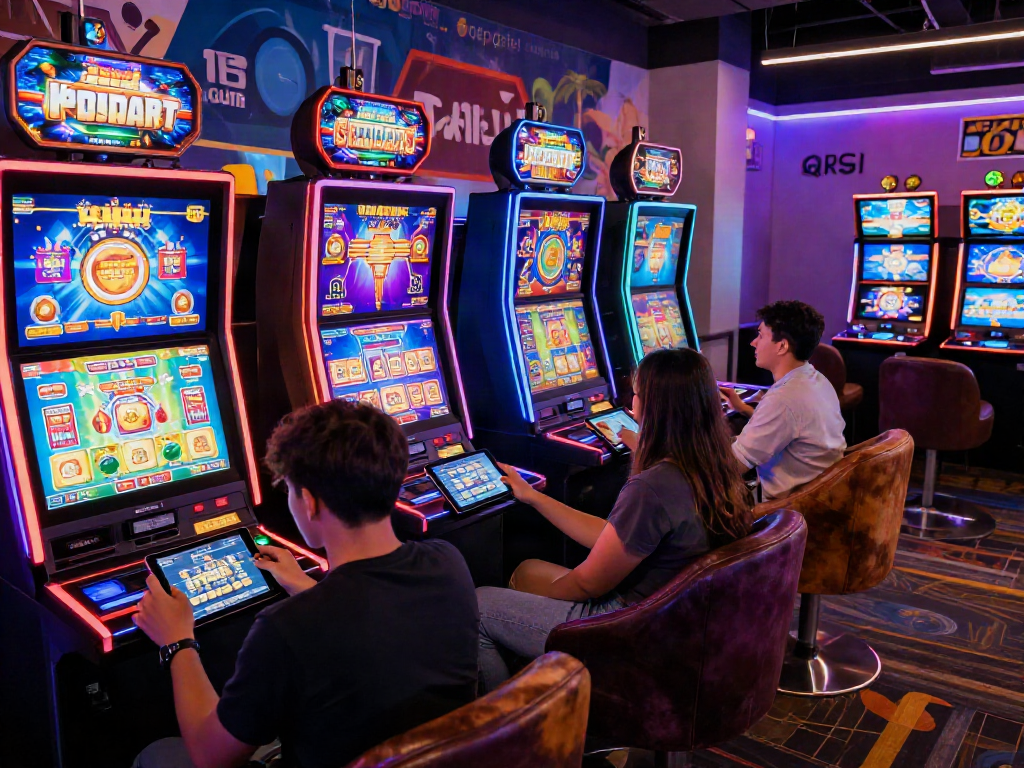 Exciting online gaming scene with players using slot deposit qris on colorful machines and tablets.