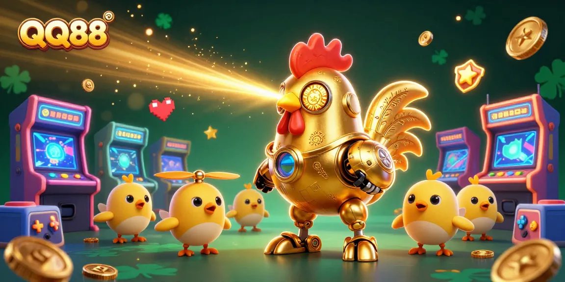 Engage with QQ88's vibrant casino adventures featuring a golden rooster robot and playful chick drones in a rich gaming environment.