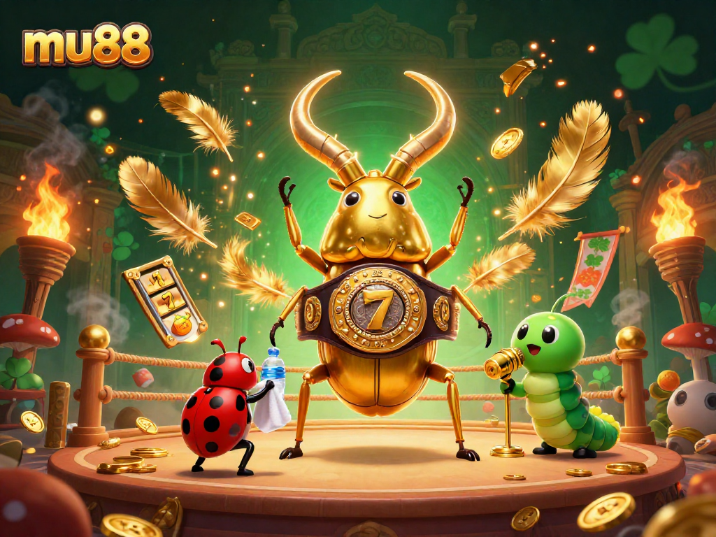 Engaging mu88 illustration featuring a golden stag beetle in a dramatic casino fight scene.