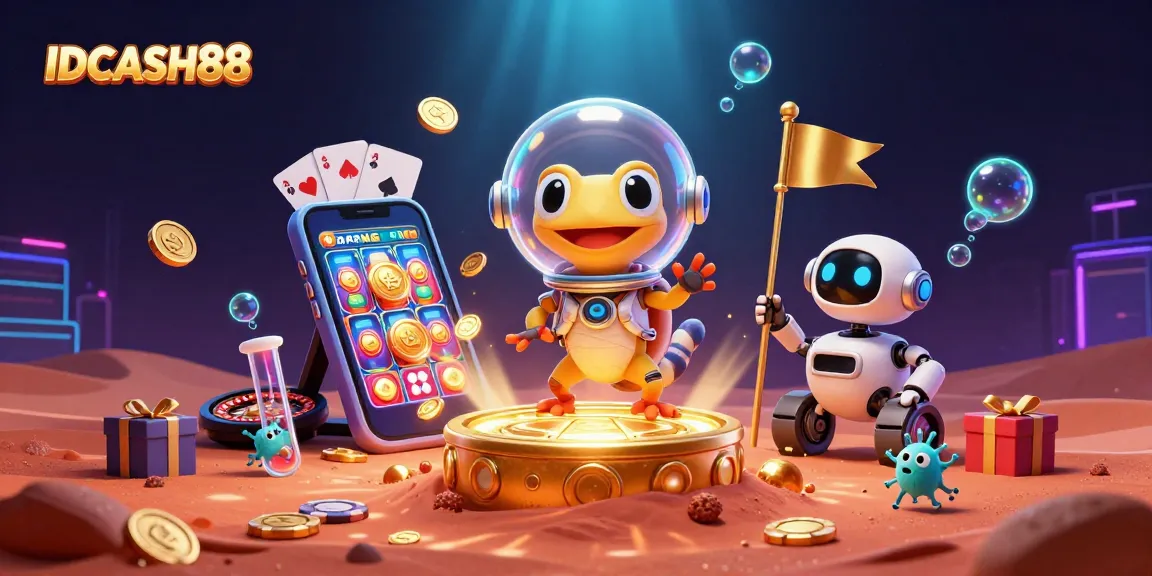 Engage with IDCASH88's exciting gaming universe through a vibrant cosmic casino scene.