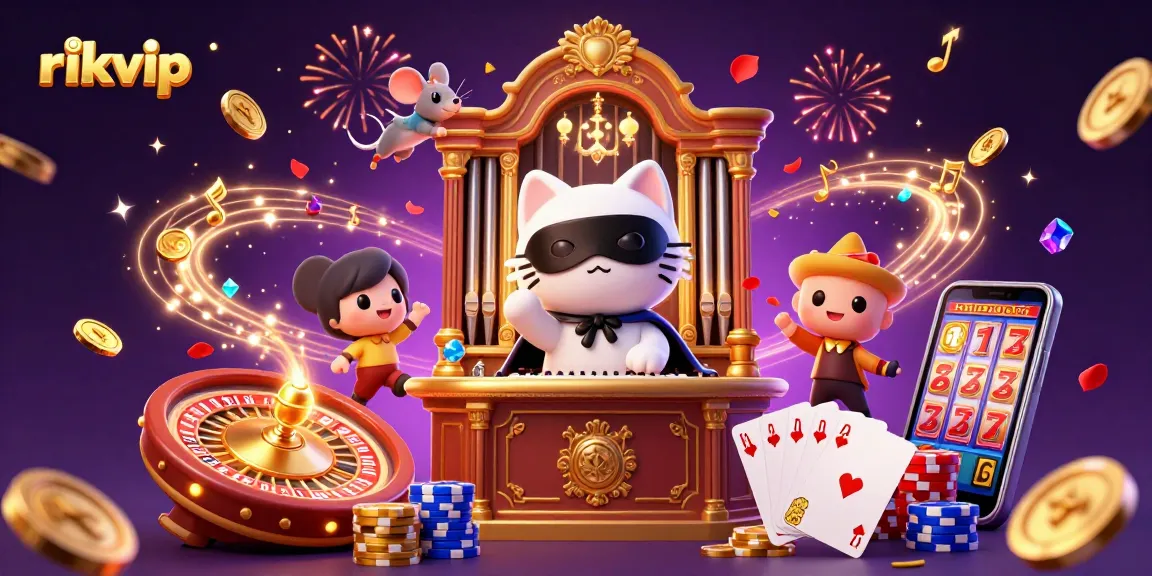 Experience excitement at rikvip with a vibrant 3D casino scene bursting with golden coins and joyful celebrations.
