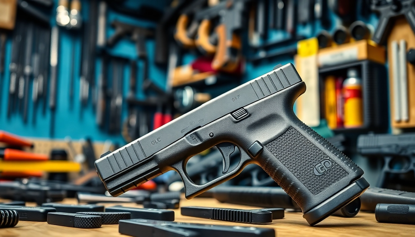 Explore the premium Glock 19 slide showcasing its craftsmanship in a well-lit gun shop.